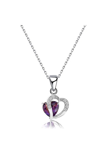 Brezza Lusso Jewelry Gümüş Kolye Ametist Taşı Kalp Kadın Kolye 45 CM