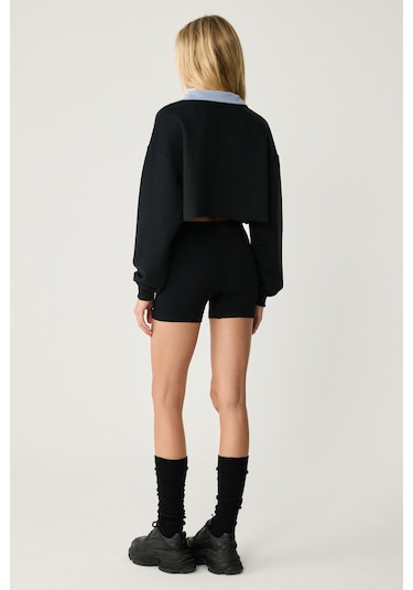 Urban Beat Mıkaela Kadın Dik Yakalı Crop Siyah Sweatshirt Siyah