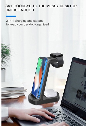 Honmex Siyah 15w Üçlü Kablosuz Şarj Cihazı - Telefon Ayaklı Tutucu, Saat Ve Kulaklık Şarj Edici