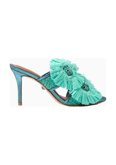Kurt Geiger Raffia Buckle Lüks Tasarım Topuklu Sandalet Mavi