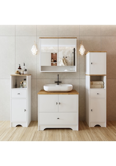 Oval Lavabolu Mdf 80 Cm Çekmeceli Banyo Dolabı Atlantik Çam - Beyaz