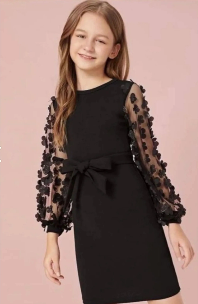 Uğur Böceği Çocuk Kolu Çiçek Motifli Tüllü Full Likralı Elbise 10-16 Yaş Siyah