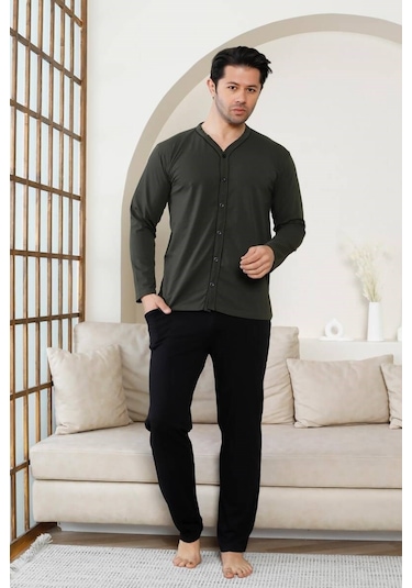 Erkek V Yaka Önden Düğmeli Pamuk Likra Mevsimlik Uzun Kol Cepli Pijama Takımı Haki