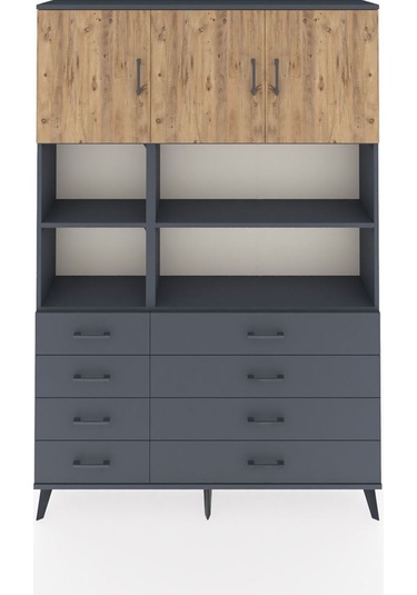 Arges Dolap 8 Raflı 8 Çekmeceli 3 Kapaklı 132x30x195 Antrasit-çam/antrasit Atlas Çam/antrasıt