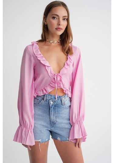 4712 Kadın Volanlı Modal Bolero Bluz Pembe Pembe