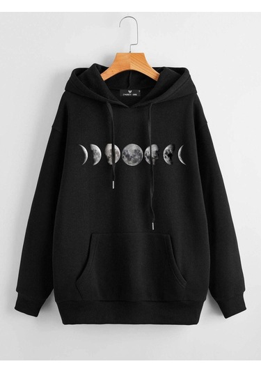 Kadın Beyaz Kapüşonlu Oversize Moon Baskılı Hoodie Sweatshirt Ts-Aybaskı Beyaz