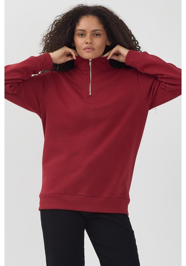 Unisex Regular Fit Rahat Kesim Pamuklu Içi Polarlı Yarım Fermuarlı Bordo Dik Yaka Sweatshirt Bordo
