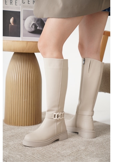 D942 Soğuk Geçirmez Kışlık Kadın Çizme Bej