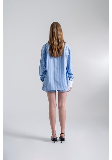 Holly Lolly Oversize Kesim Çizgili Harmony Poplin Gömlek Mavi