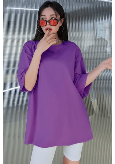 Mor Basic Düz Baskısız Oversize Salas Boyfriend Kadın T-Shirt Mor