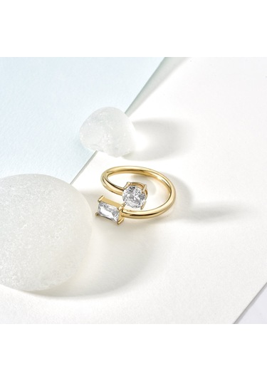 14 Ayar Altın Kaplama Baget Ve Yuvarlak Kesim Taşlı Yüzük - Rs00115 Altın