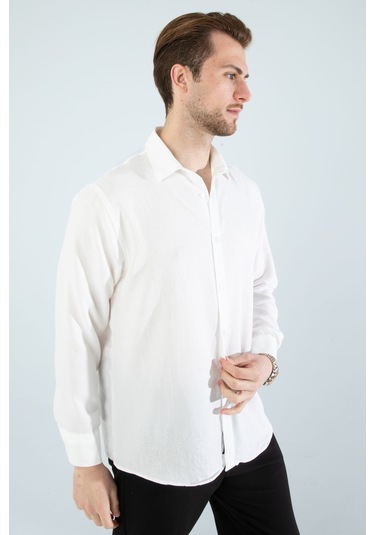 Rahat Kesim Keten Dokulu Gömlek Beyaz