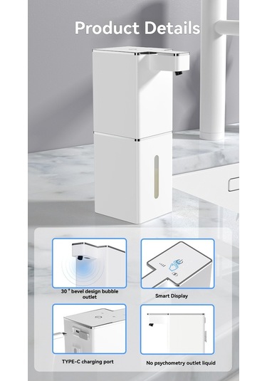 Moveevo Beyaz Duvar Montlu Otomatik Sensörlü Köpük Sabun Dağıtıcı, Dokunsuz Kullanim, 4 Seviye Hacim Kontrolü, Ipx5 Su Geçirmez, 380ml Kapasite, P7 Modeli Diğer