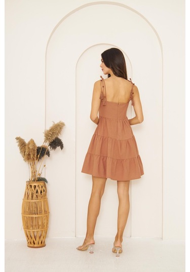 Camel Askısı Boncuklu Püsküllü Eteği Volanlı Mini Elbise Dm1038