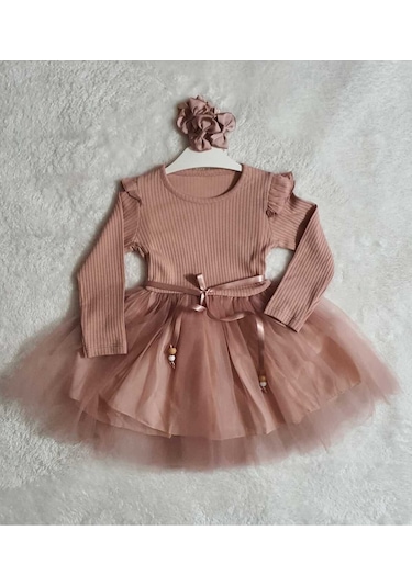 Kız Çocuk Gül Kurusu Tül Pamuklu Uzun Kol Özel Gün Doğum Günü Abiye Hediye Günlük Prenses Elbise Pembe