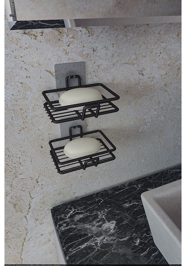 Eva Metal Tasarim Yapışkanlı Banyo Mutfak Lavabo Metal Katı Sabunluk 2'li Set Siyah