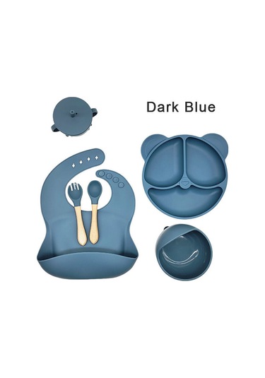 6 Parça Vantuzlu Silikon Çocuk Bebek Yemek Tabağı Takım Set Lacivert