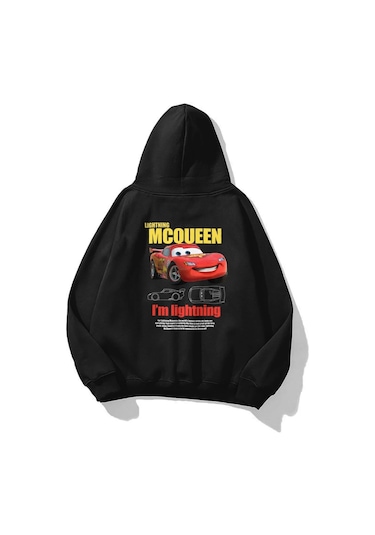 Sevgililer Günü Özel Kapüşonlu Araba Baskılı Oversize Sweatshirt - Siyah