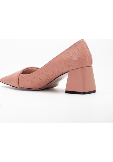Kadın Topuklu Ayakkabı Pudra Baskılı Deri Yanyüzlü Sivri Kalıp-3578 Pudra