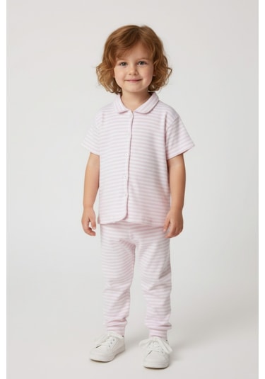 Kız Çocuk Pembe Çizgili Fitilli Kaşkorse Alt Üst Takım Pembe