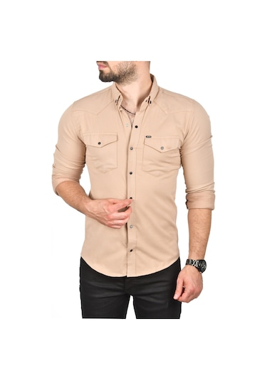 Deepsea Erkek Kahve Slim Fit Dar Kesim Pamuklu Spor Gömlek Çıtçıtlı Likralı Gabardin Gömlek 2300421 Kahve