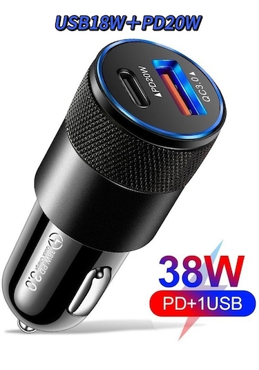Araç Seyahat Cep Telefonu Şarjı Oto Çakmaklık Şarj Cihazı Type-c Usb Girişli Araba Şarz Aleti 38w 1