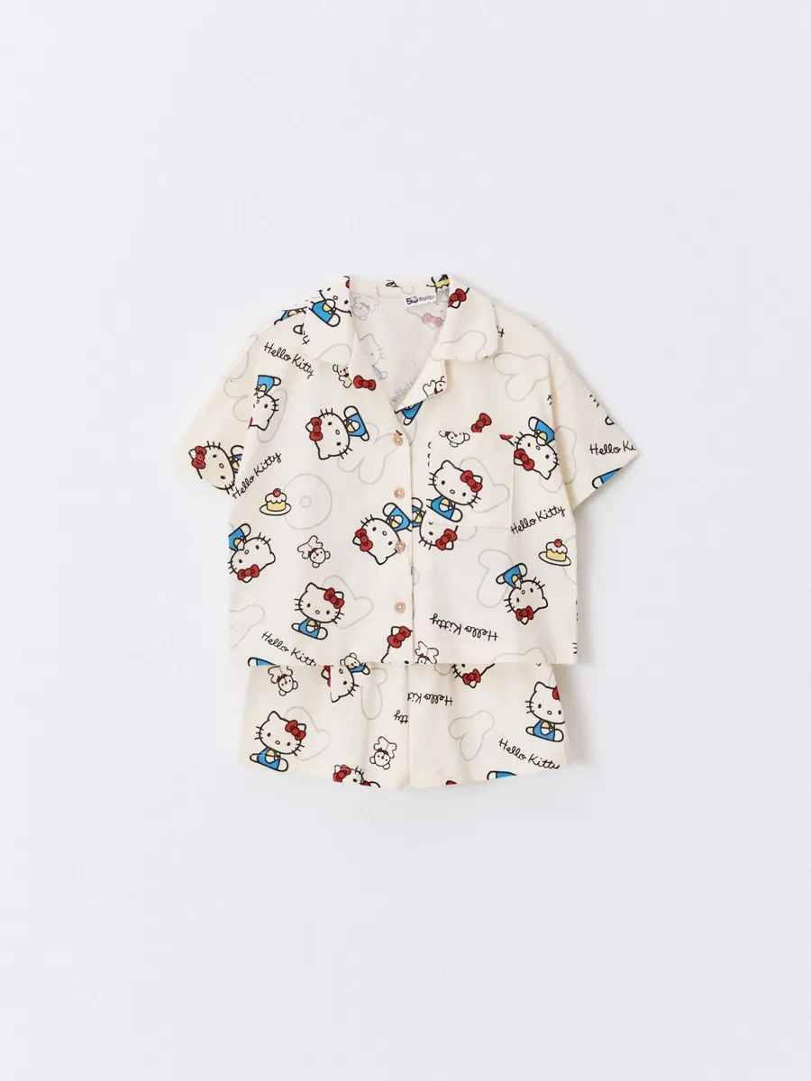 Sela Hello Kitty Baskılı Oversize Gömlekli Ve Şortlu Triko Pijama Takımı 437974958 Sütlü
