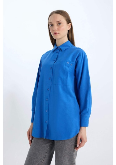 DeFacto Relax Fit Poplin Basic Düz Uzun Kollu Gömlek Tunik D7342AX25SPBE463 Mavi DeFacto Relax Fit Poplin Basic Düz Uzun Kollu Gömlek Tunik D7342AX25SPBE463 Mavi