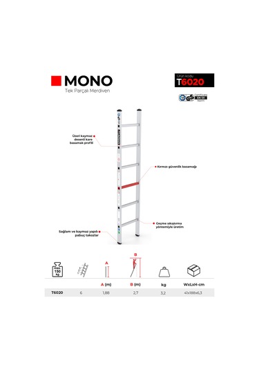 Çağsan T6020 6 Basamaklı Mono Tek Parçalı Alüminyum Merdiven