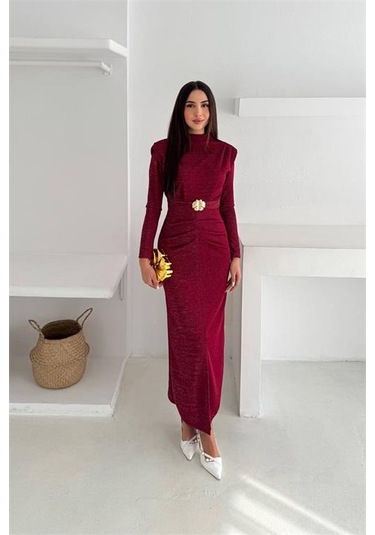 Neşeli Butik Kadın Kol Vatkalı Toka Detaylı Drapeli Maxi Elbise Nbk4358 Bordo