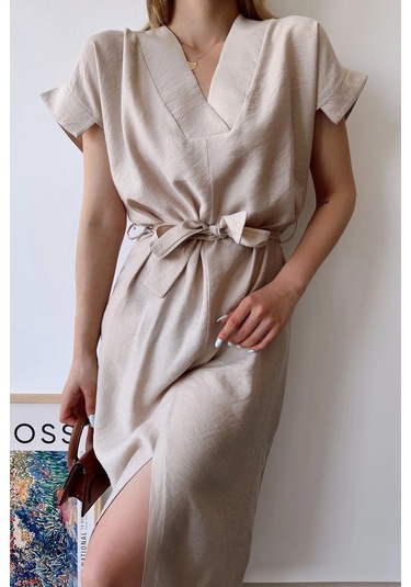 Kadın Taş Kısa Kol, V Yaka, Düz Renk Desen, Basic Kalıp/kesim, Aerobin Kumaş, Kuşaklı Maxi Elbise Taş