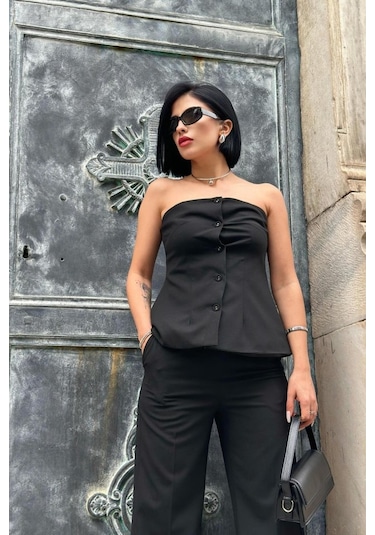 Modasize Siyah Straplez Düğmeli Crop Ve Pantolon Takım Siyah