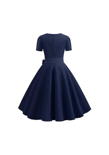 Novahub Kadın Retro Elbise, 1950'ler Vintage A-line, Kare Yaka, Kısa Kollu, Siyah, Nokta Baskı, Orta Bel Kuşaklı, Fiyonk Dekor Siyah