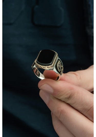 Yüzük Sanatı Oniks Taşlı Harfli 925 Gümüş Erkek Yüzük