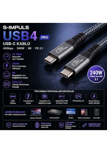 S-ımpuls Usb4 240w Pro Kablo 40gbps, 8k, Pd 3.1, Usb-c To Usb-c 1 Metre