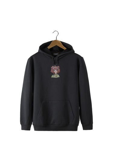 Unisex Siyah Kapüşonlu Önü Anime Baskılı Slim Fit Kanguru Cepli Sweatshirt Siyah
