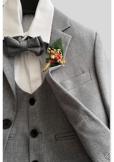 Yaka Çiçekli Yelekli Erkek Çocuk Takım Elbise Gri Gri