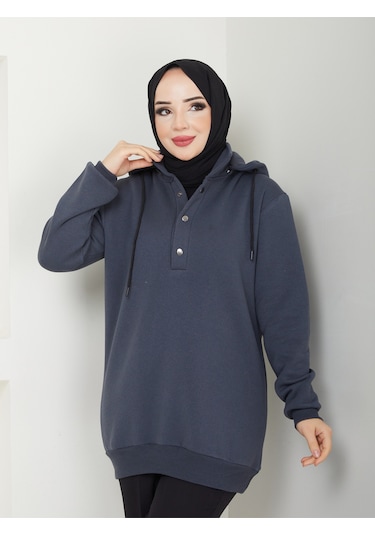 Raika Moda Kapşonlu 3 İplik Büyük Beden Tesettür Sweatshirt Antrasit