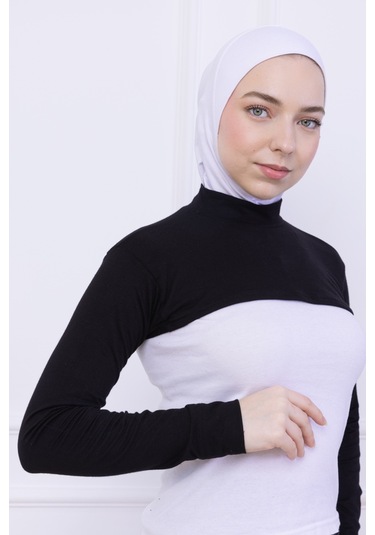 Balıkçı Yaka Boyunluklu Kolluk Siyah - Likralı Dik Yakalı Kadın Body Tesettür Crop Bolero Siyah