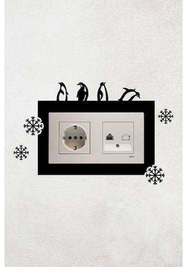 Penguen Ve Kar Tanesi Tasarımlı 2li Priz Çerçevesi İç Ölçü 15,5x8,4 Cm Dekoratif Priz Çerçeve Süsü Siyah