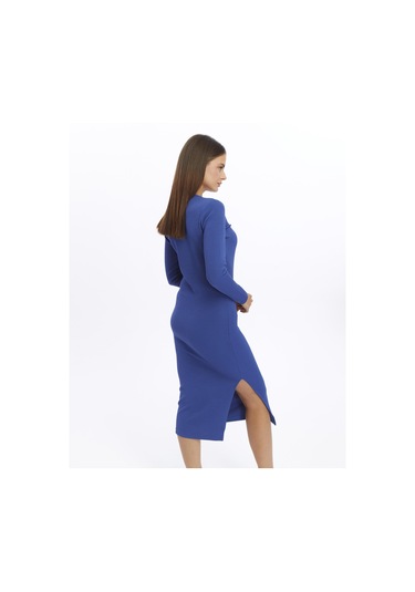 Fitilli Örme Kumaş Uzun Kollu Yırtmaçlı Midi Boy Fiona Elbise-3303-mavi