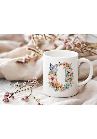 O Harfi Çiçekli Kupa Bardak - Soft Renk Çiçek Ve Kelebek Desenli Zarif Kahve Kupası - Bohem Beyaz