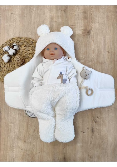 Bebek Dış Kundak Battaniyesi Pelüş Ayaklı Welsoft Uyku Tulumu Kışlık Mont Yenidoğan 0-12 Ay Ecru Ekru
