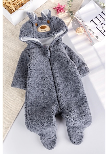 Babymod Kapüşonlu Welsoft Peluş Kışlık Kız/erkek Bebek Tulum Gri