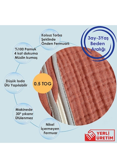 Yorni Kiremit Yazlık Ve Mevsimlik 4 Kat Müslin Torba Uyku Tulumu Kiremit