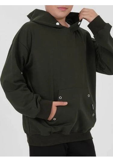 Çocuk Çıtçıt Detaylı Kapüşonlu Pamuklu Sweatshirt-14837 Haki