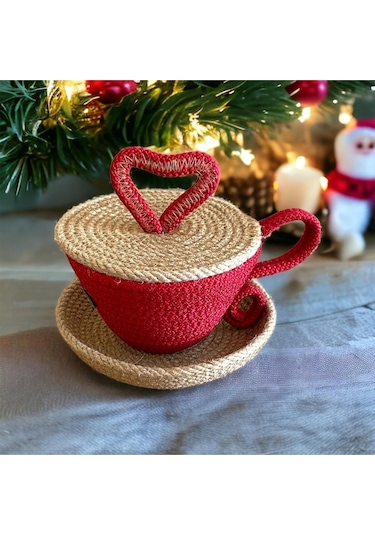 Sevgililer Günü Hediyesi, Hasır Sepet, Fincan Sepet, Jüt Sepet, %100 Doğal Dekoratif Hasır Sepet 001