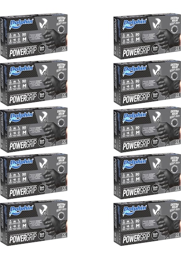 Dolphin Nitril Powergrip Ekstra Kalın Elmas Dokulu Eldiven Siyah Meidum Orta Boy - 50'li 10 Paket