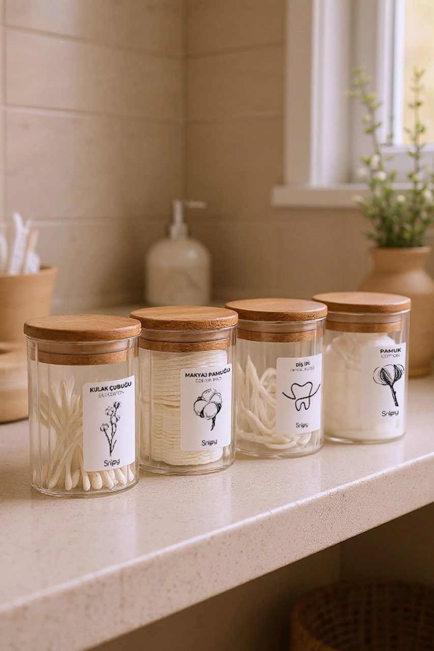 Bathy - 4'lü Ahşap Vakum Kapaklı Banyo Düzenleyici Plastik Banyo Seti Pamuk Düzenleyici Ahşap