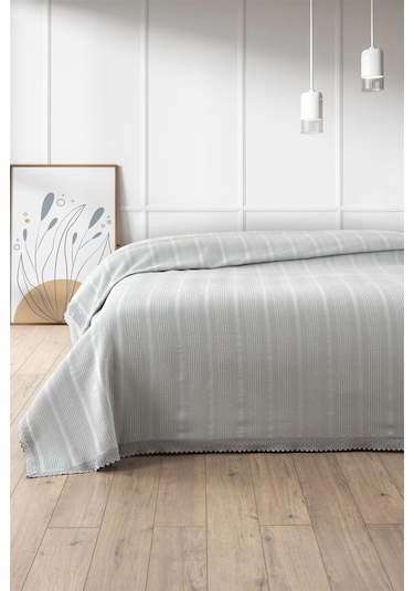 %100 Pamuk Çift Kişilik Kopanaki Dantelli Petek Pike 210x230 Cm-gri Grı Gri